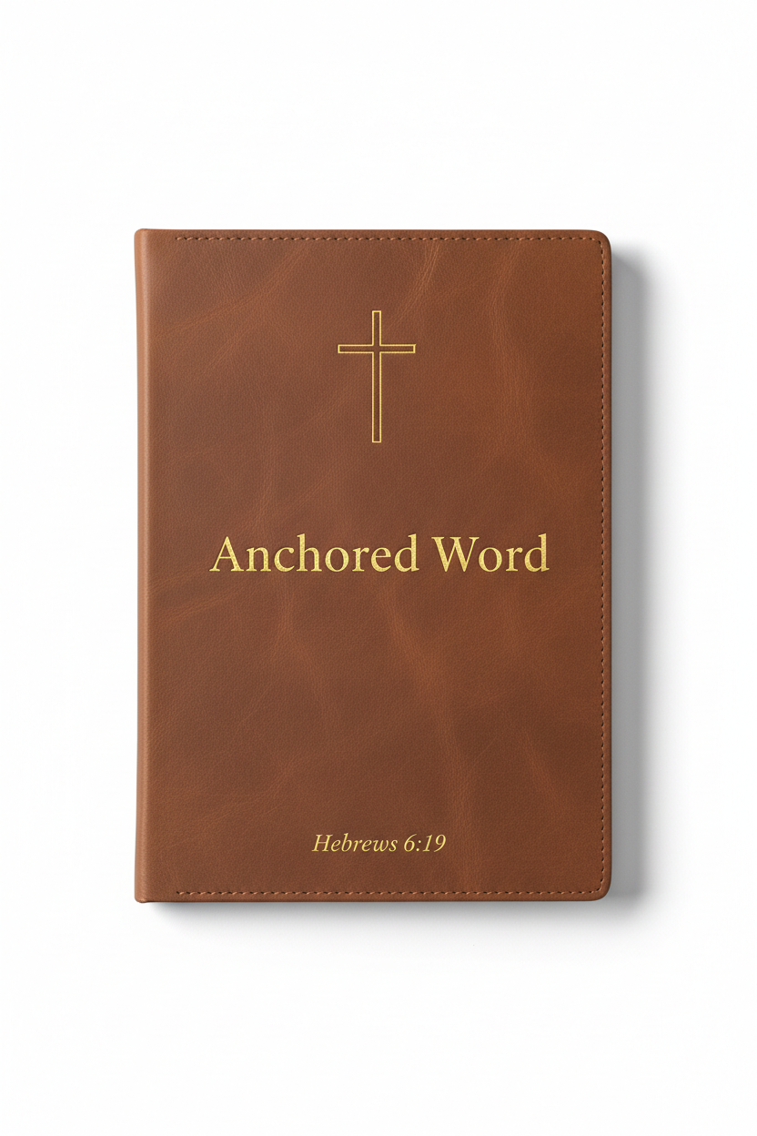 Anchored Word A5 leather notebook with warm brown cover, gold cross and Hebrews 6:19
