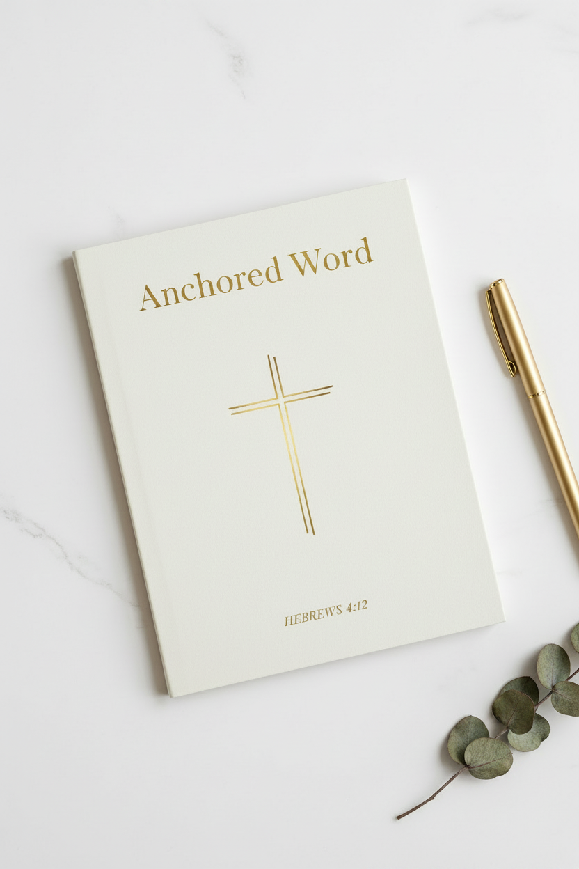Anchored Word A5 faith-inspired grid notebook with clean white cover and gold cross