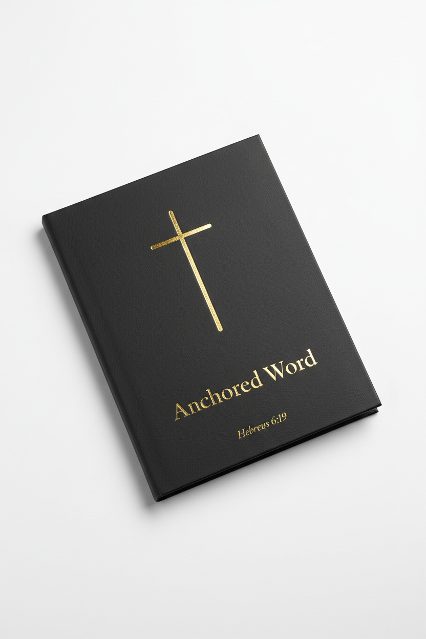 Anchored Word A5 leather notebook with black cover, gold cross and Hebrews 6:19