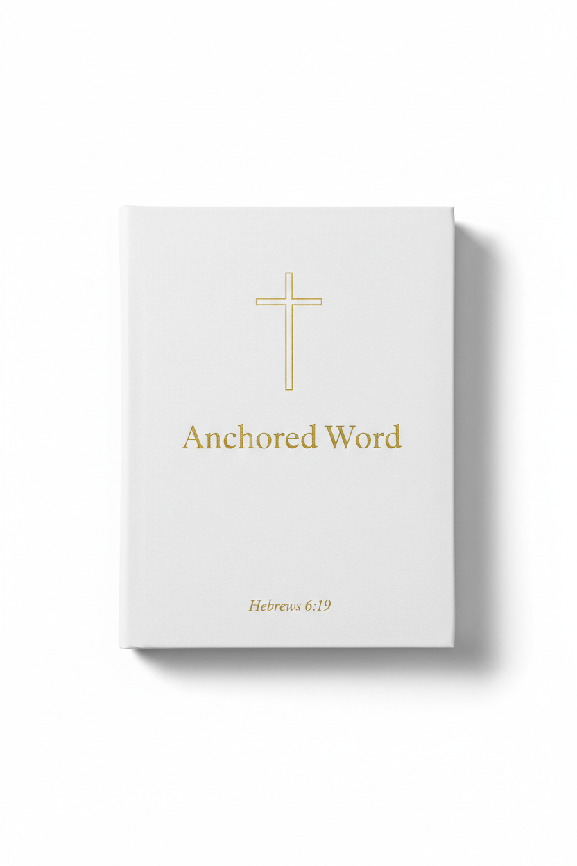 Anchored Word A5 leather notebook with white cover, gold cross and Hebrews 6:19