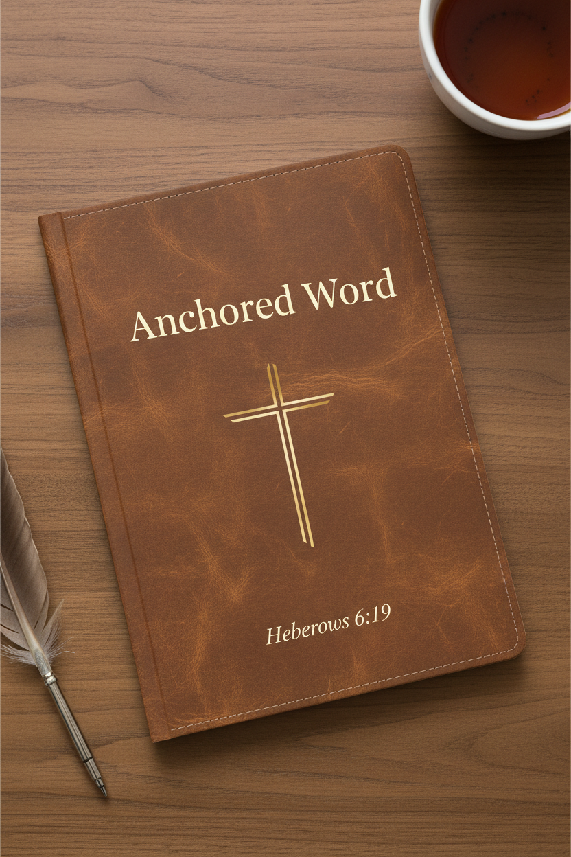 Anchored Word A5 faith-inspired grid notebook with warm brown leather texture cover and gold cross