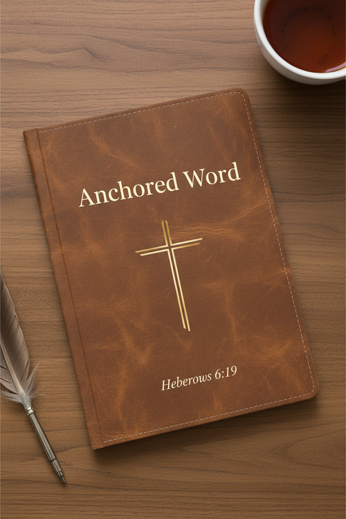 Anchored Word A5 faith-inspired grid notebook with warm brown leather texture cover and gold cross