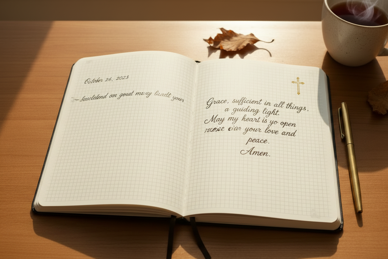 Open A5 grid notebook interior showing precise square grid lines on cream pages with a handwritten faith quote and minimalist cross
