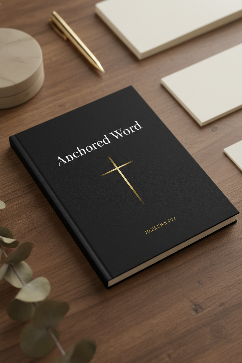 Anchored Word A5 faith-inspired grid notebook with matte black cover and gold cross